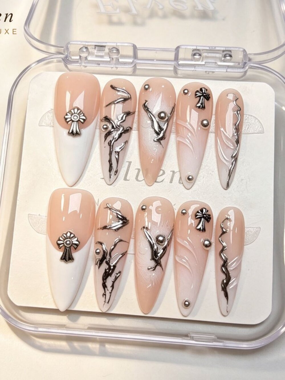 White French Tip With Beads Gothic Style Handmade Stiletto Press On Nails